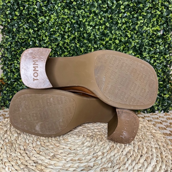 Tommy Hilfiger Brown Leather Mule Shoes with Chunky Wood Heel Slip On - Picture 5 of 8